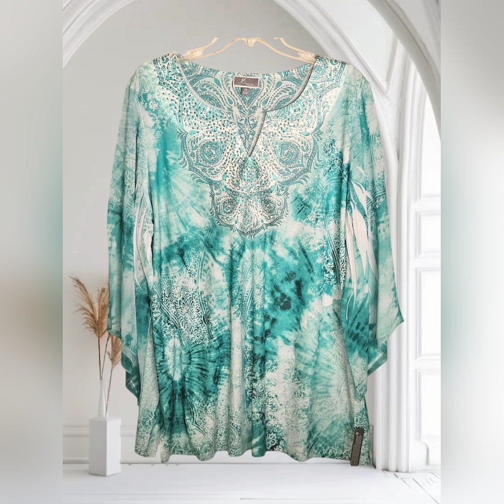 JM Collection Teal Blue Tie Die Floral  Sheer 3/4 Sleeve Tunic Blouse-2X